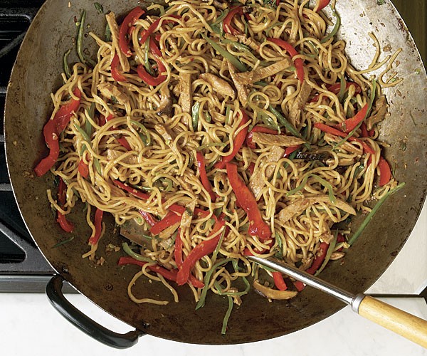 Ham lo mein with shiitake and snow peas