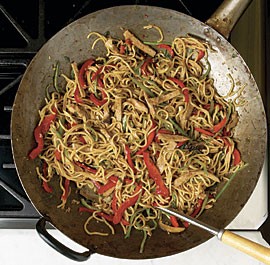 Ham lo mein with shiitake and snow peas