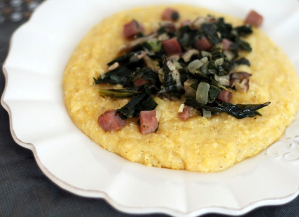 Ham, mushroom and collard topped garlic herb cheddar grits