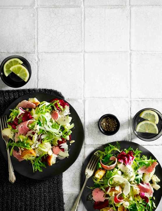 Ham, pickled pear and blue cheese salad