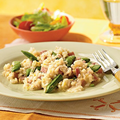 Ham risotto with sugar snap peas