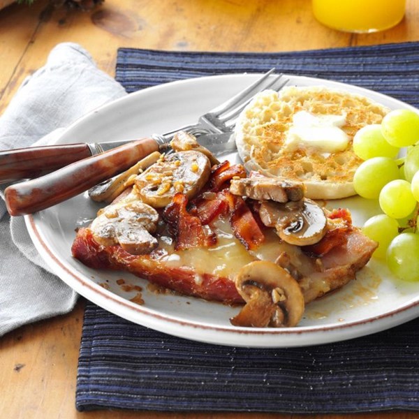 Ham steaks with Gruyere, bacon & mushrooms