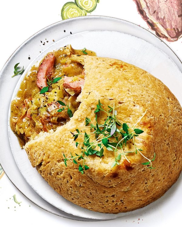 Ham, Stilton and leek suet pudding