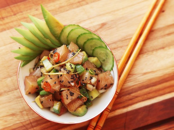 Hamachi poke with cucumber and avocado