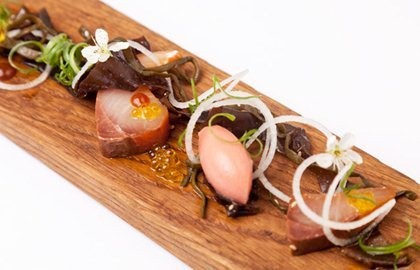 Hamachi with red dulse, olive oil and soy