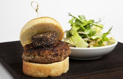 Hand-chopped rump steak burger with peppered bone marrow