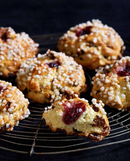 Hand-dropped sultana and raspberry scones