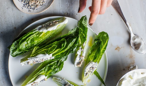 Hand salad with buttermilk, grapefruit, and mixed seeds