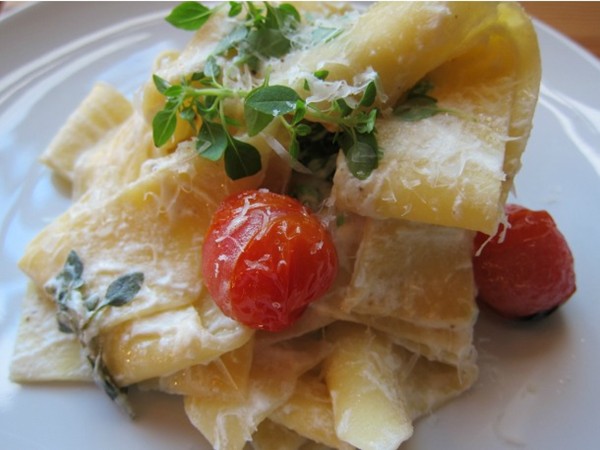 Handcut pasta with ricotta and peas