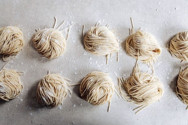 Handmade ramen noodles including homemade kansui