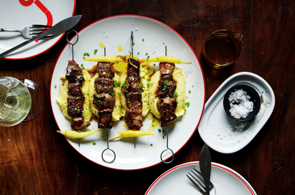 Hanger and liver pincho, Andean Sunrise puree, oloroso