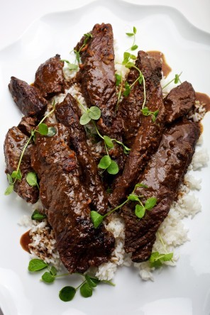 Hanger steak slow-baked in its own demi-glace