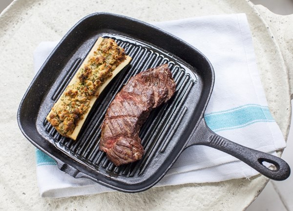 Hanger steak with baked bone marrow