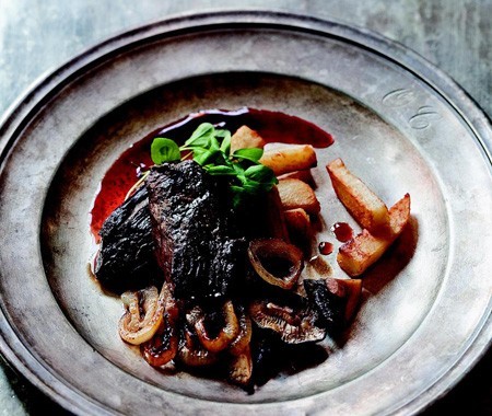 Hanger steak with caramelized onions, mushrooms, and pan-roasted potatoes
