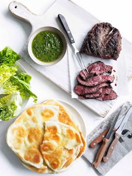 Hanger steak with chimichurri and yoghurt flatbread
