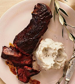 Hanger steaks with 125th Street malanga mash