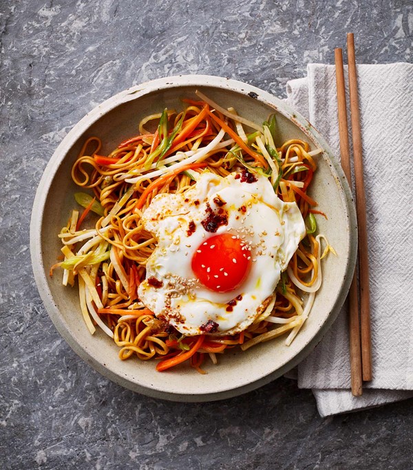 Hangover noodles with roots and crispy eggs
