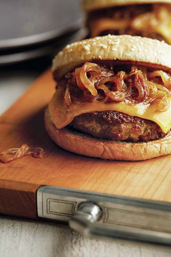 Happy, happy grilled turkey burgers with maple caramelized onions