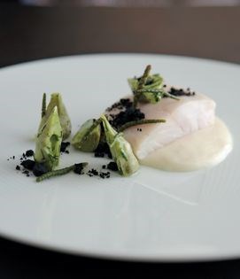 Hapuka with baby globe artichoke and squid ink crumbs