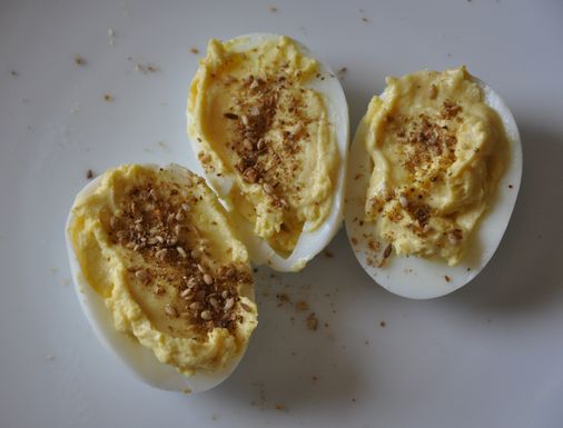Hard cooked eggs, lime aioli and dukkah