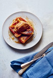 Hard dough French toast with whipped roasted banana almond batter