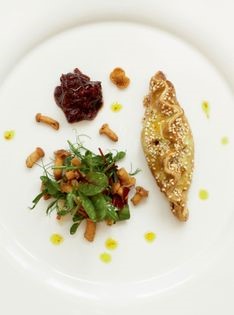 Hare & juniper pasty (Hare and juniper pasty with pickled girolles and crispy air dried ham)