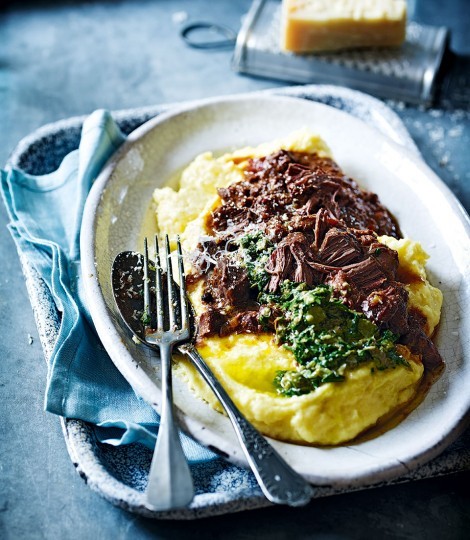 Hare ragù with polenta and salsa verde