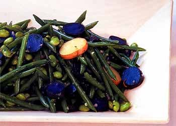 Haricot vert, edamame, and purple-potato salad