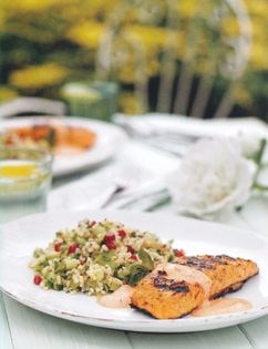 Harissa and lemon salmon with minted bulgur salad
