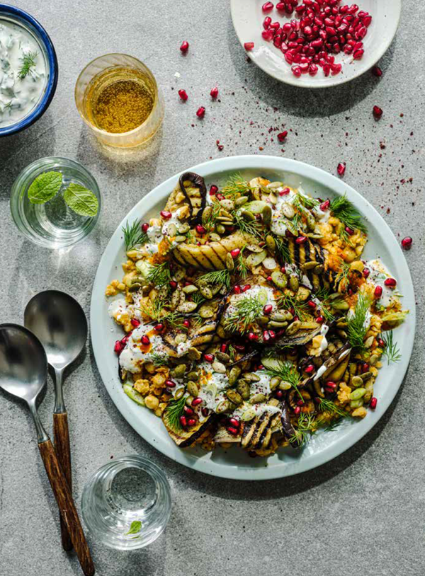 Harissa and lime aubergines with crushed chickpeas