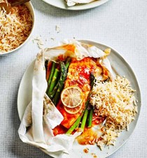 Harissa and lime salmon parcels with coconut rice