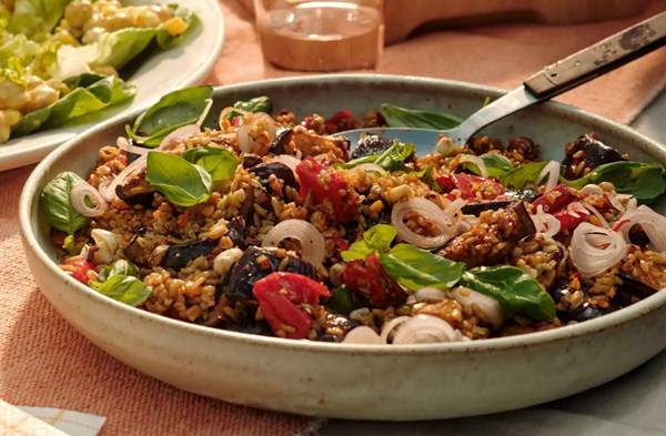 Harissa, aubergine & freekeh salad