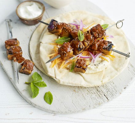 Harissa aubergine kebabs with minty salad