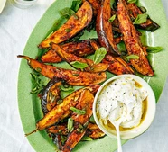 Harissa aubergine wedges with tahini & mint yogurt