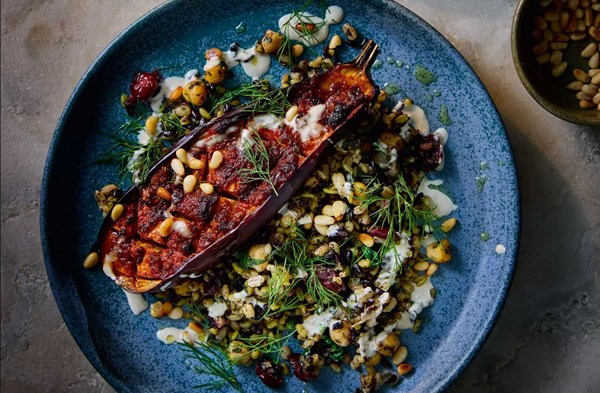 Harissa aubergine with freekeh, black rice & chickpeas
