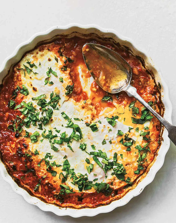 Harissa baked eggs with goat cheese