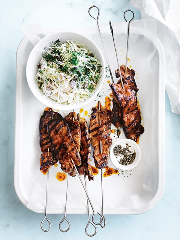 Harissa beef skewers with tahini slaw