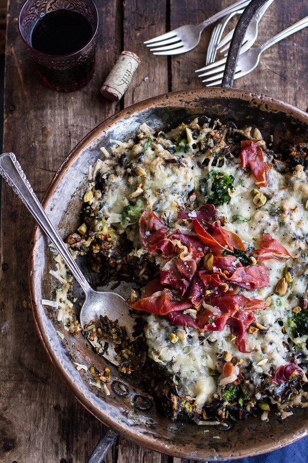 Harissa broccoli, spinach and wild rice casserole with crispy prosciutto