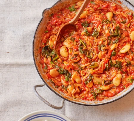 Harissa, butter bean and red pepper orzo (Jess Shand)