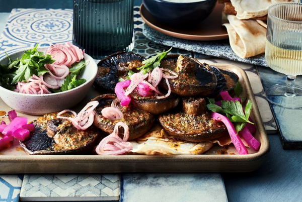 Harissa butter mushrooms with sumac onion salad