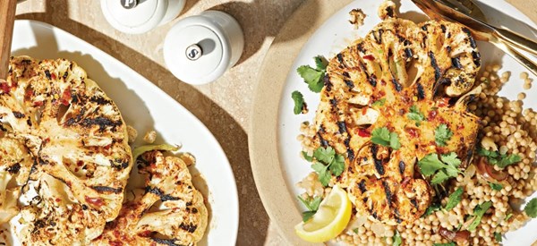 Harissa cauliflower steaks with date couscous
