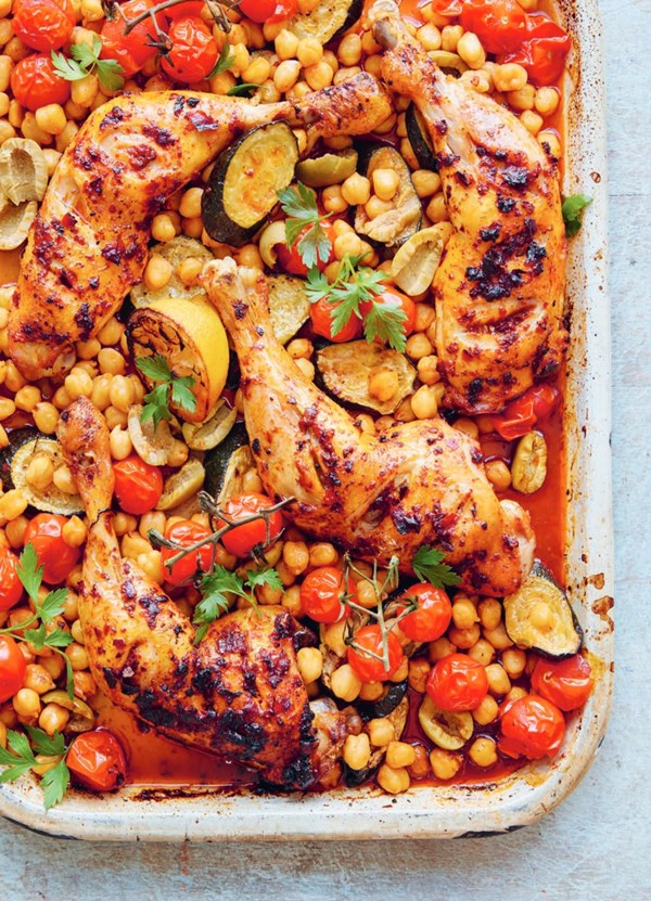 Harissa chicken, courgettes and chickpeas with roasted garlic yoghurt