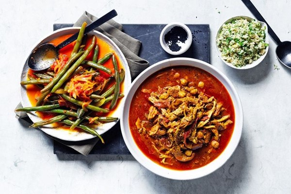 Harissa chicken curry with braised beans and couscous
