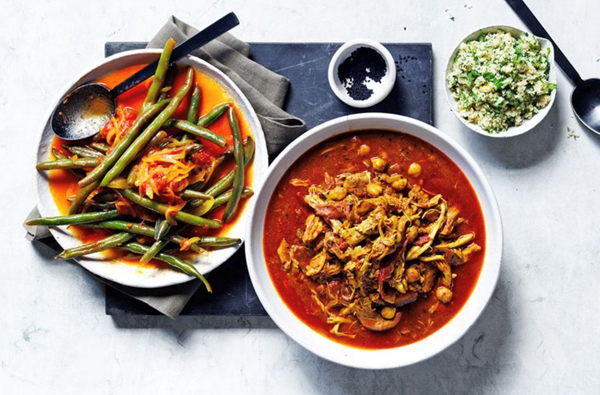 Harissa chicken curry with braised beans and couscous