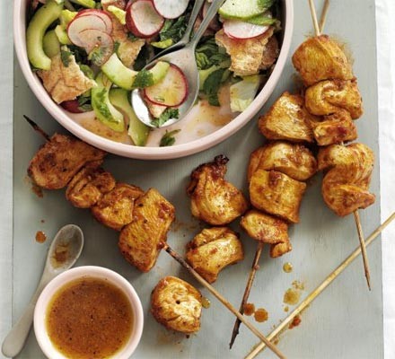 Harissa chicken kebabs with spring fattoush
