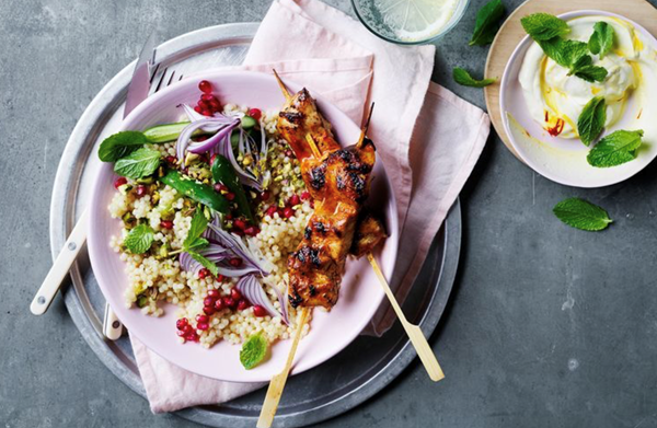 Harissa chicken skewers with couscous salad