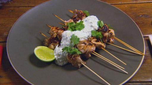 Harissa chicken skewers with sheeps milk yoghurt raita