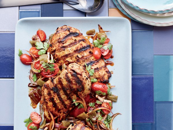 Harissa chicken with green-chile-and-tomato salad