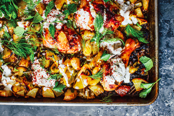 Harissa chicken with leeks, potatoes, and yogurt