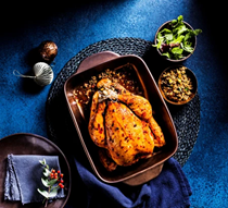 Harissa chicken with sour cherry and pistachio freekeh stuffing